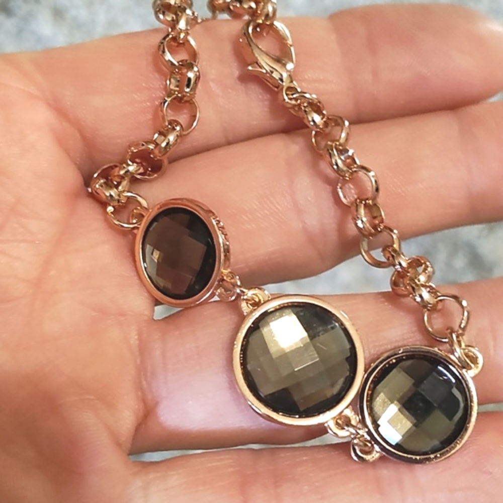 VINTAGE ROSE-GOLD PLATED SMOKY QUARTZ 8" BRACELET - Picture 4 of 9